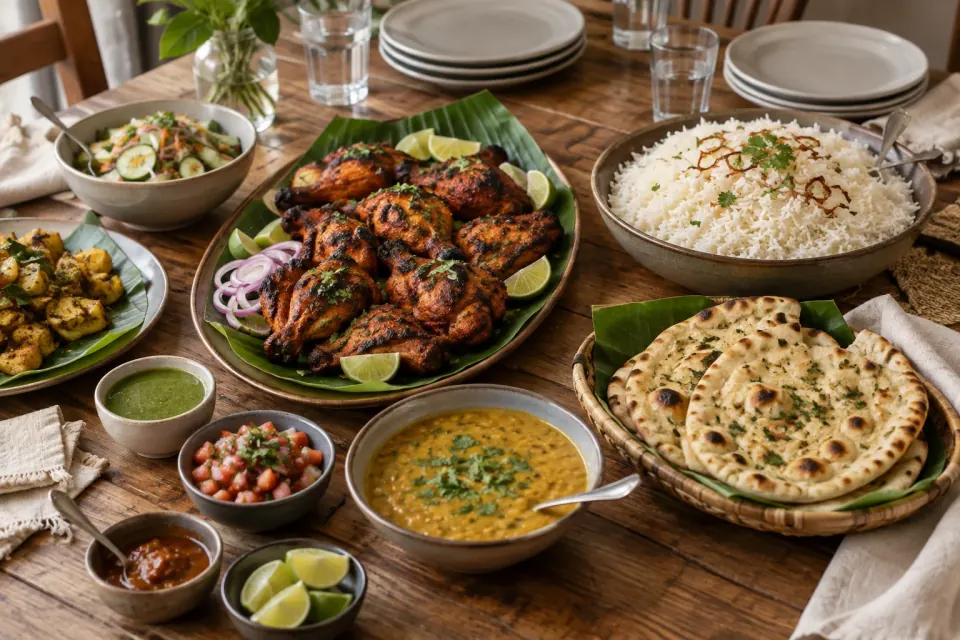 Illustration d’une table à partager : poulet tandoori, naans, riz et lentilles